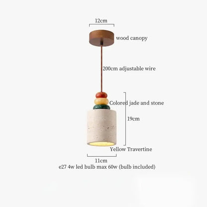 DecorBites led pendant light with wooden canopy, adjustable wire, colorful jade accents, and yellow travertine shade