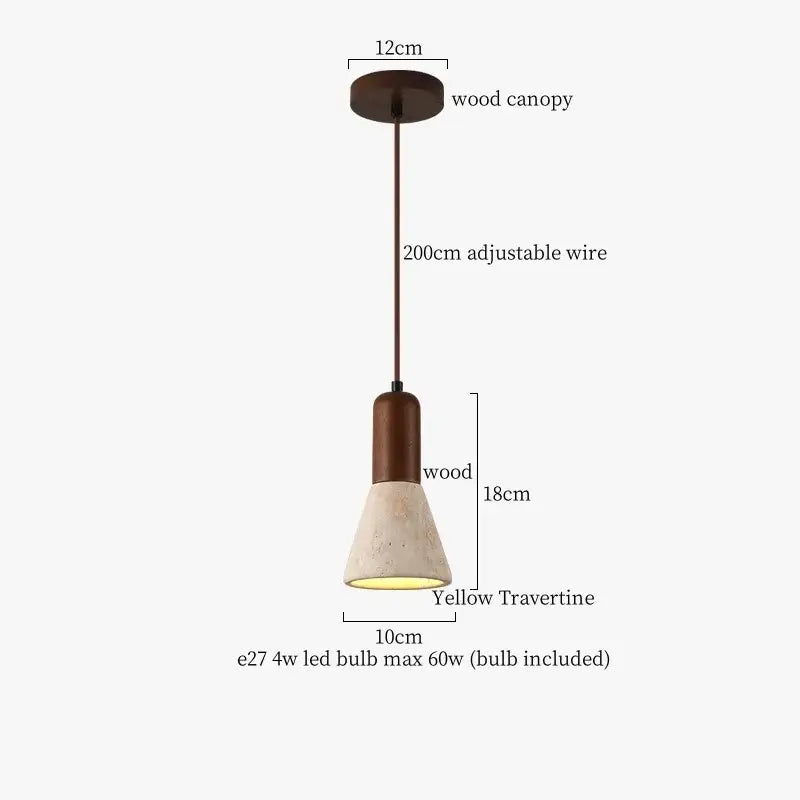 A decorbites led pendant light with a dark wood canopy and yellow travertine conical shade 18cm in size