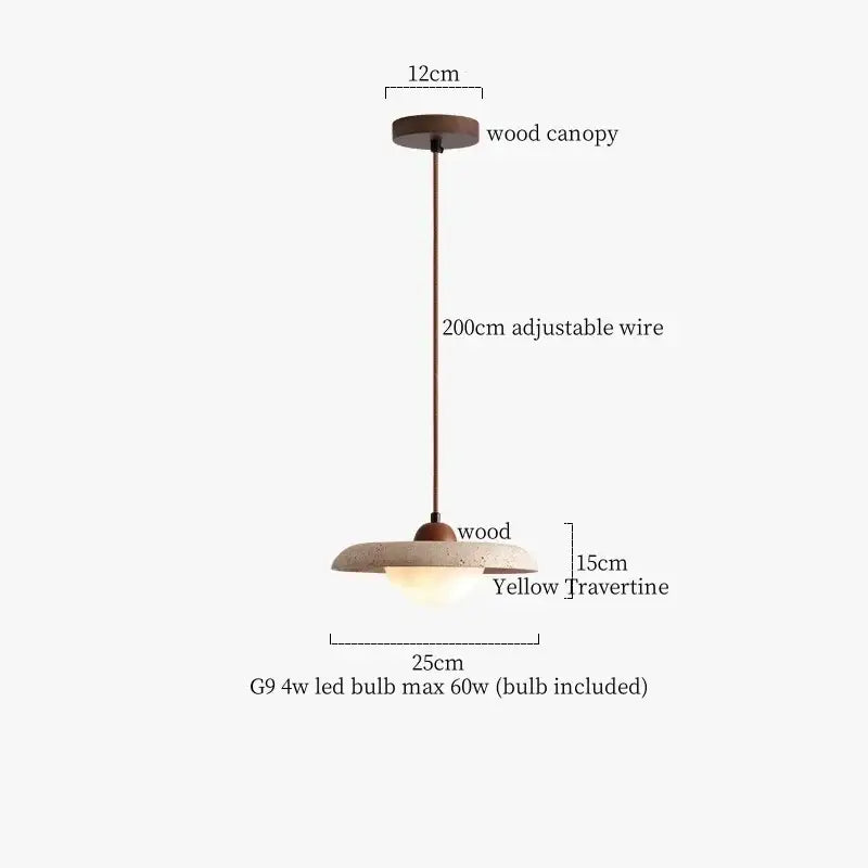 Minimalist decorbites led pendant light with warm wood canopy, adjustable bronze wire, and yellow travertine shade