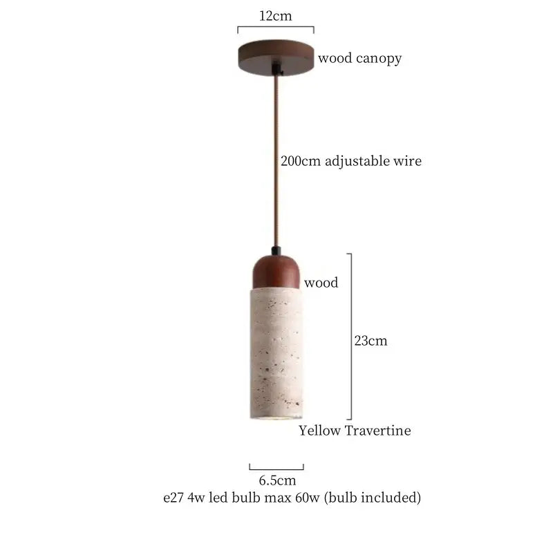 Decorbites led pendant featuring yellow travertine stone body, warm brown wood canopy, and adjustable 200cm wire