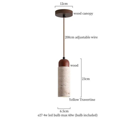 Decorbites led pendant featuring yellow travertine stone body, warm brown wood canopy, and adjustable 200cm wire
