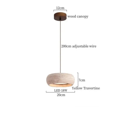 A decorbites led pendant light with a yellow travertine shade and dark wood canopy suspended by adjustable wire