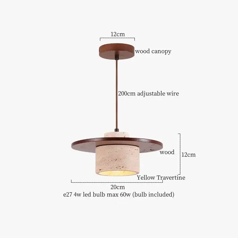 Modern decorbites led pendant light featuring a warm yellow travertine cylinder with adjustable bronze wire suspension