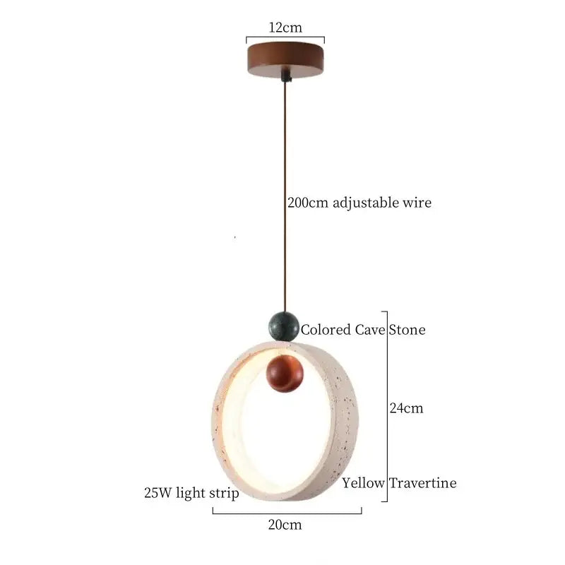 A modern decorbites led pendant light with a circular yellow travertine frame and embedded 25w led strip lighting