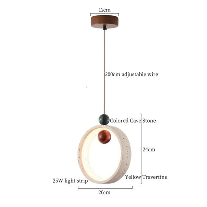 A modern decorbites led pendant light with a circular yellow travertine frame and embedded 25w led strip lighting