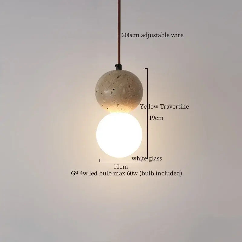 Yellow travertine sphere pendant light with white glass globe by DecorBites LED pendant lights for vintage decor