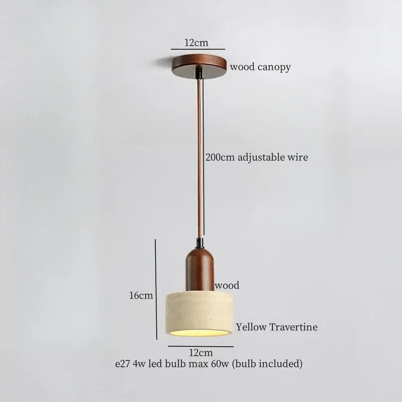 Rustic decorbites led pendant lights with yellow travertine shade and wood canopy for living room and kitchen lighting