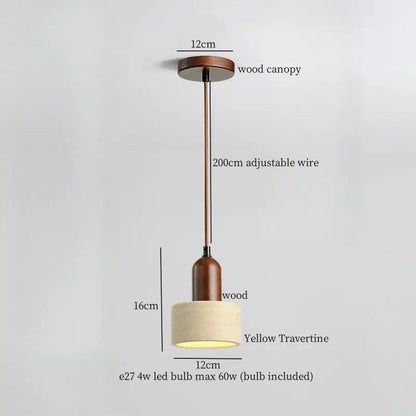 Rustic decorbites led pendant lights with yellow travertine shade and wood canopy for living room and kitchen lighting