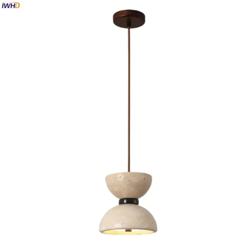 A DecorBites LED pendant light with beige yellow travertine stone body and dark bronze accents for living room and kitchen