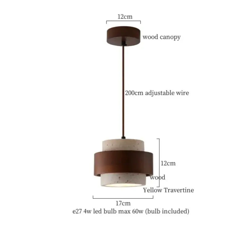 Modern decorbites led pendant lights featuring yellow travertine and dark wood rings for living room and kitchen use