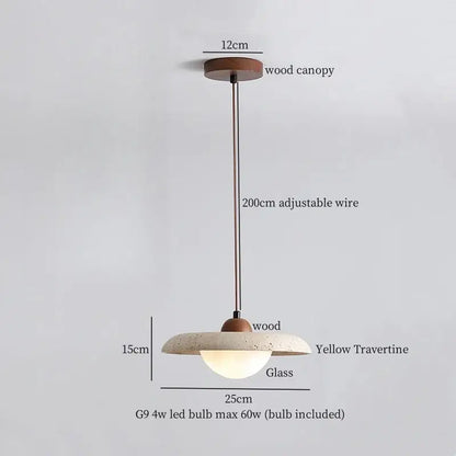 Decorbites led pendant lights featuring a yellow travertine glass shade with frosted finish and wood canopy for living room