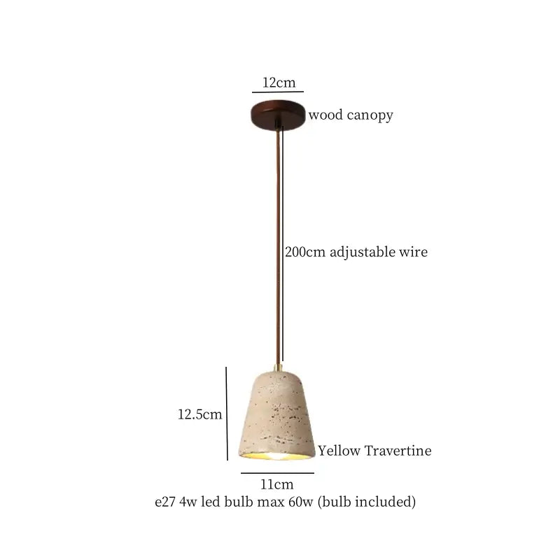 Decorbites led pendant light with yellow travertine shade, dark wood canopy, and adjustable bronze wire for living room and kitchen