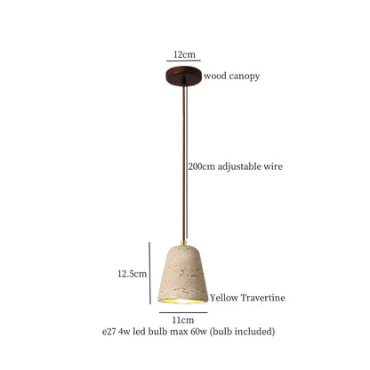 Decorbites led pendant light with yellow travertine shade, dark wood canopy, and adjustable bronze wire for living room and kitchen