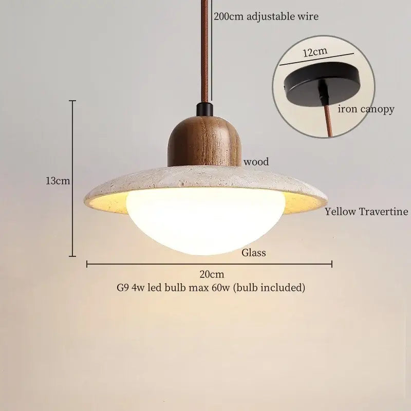Decorbites led pendant light with warm wood top yellow travertine shade and iron canopy for bedroom and dining room