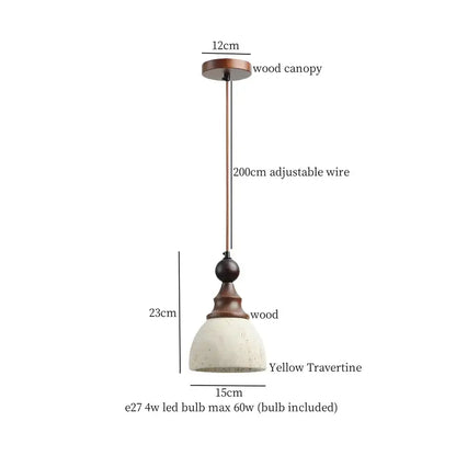 Decorbites led pendant yellow travertine wood hanging lamp with wood canopy and adjustable wire for bedroom dining room