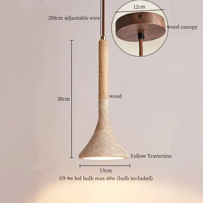 A modern decorbites led pendant light with a textured yellow travertine shade and wooden stem for bedroom or dining room