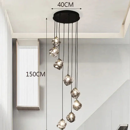 Modern black circular DecorBites LED pendant light with seven faceted crystal globes for LED pendant staircase lighting