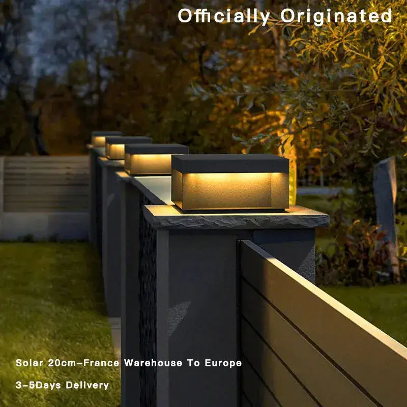 Modern black rectangular decorbites led pillar top courtyard light with warm yellow illumination for outdoor pathways