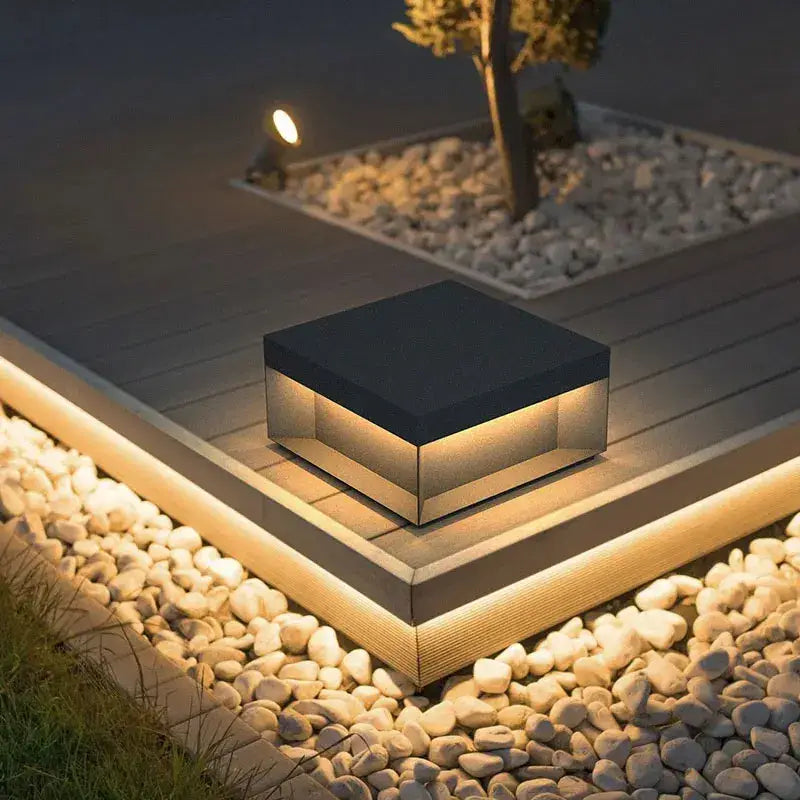 Black square decorbites led pillar top courtyard light with warm led illumination for outdoor use