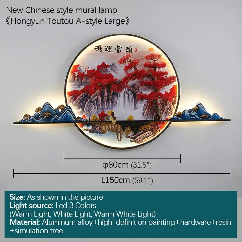 Circular decorbites led pine landscape wall light featuring a vibrant red and blue pine landscape on aluminum alloy frame