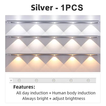 Silver DecorBites™ LED PIR motion sensor cabinet light with adjustable brightness and wireless rechargeable features