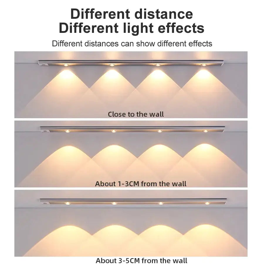 A sleek decorbites led pir motion sensor cabinet light with metallic finish and warm triangular light beams