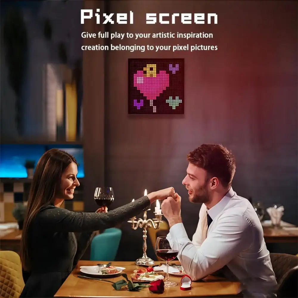 Decorbites led pixel display featuring a pink and purple heart design for gaming room decor with bluetooth control