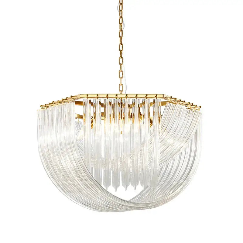 A modern decorbites led postmodern gold silver chandelier with a gold metal frame and cascading clear glass tubes for foyer lighting