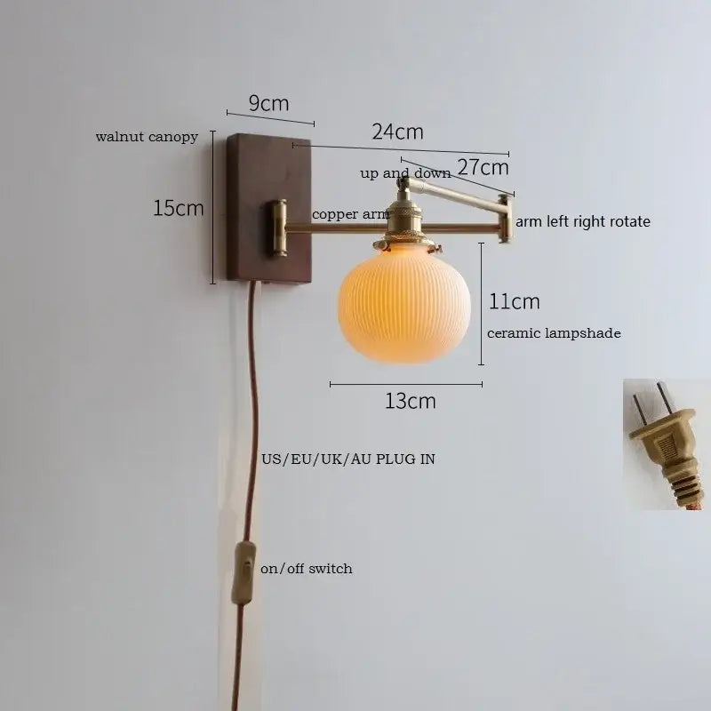 Decorbites led pull chain wall lamp with warm-toned ceramic shade copper arm and walnut canopy for bedroom and living room