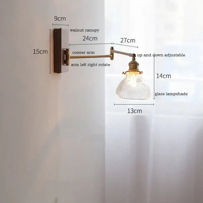 Adjustable copper arm wall lamp with walnut canopy and textured glass lampshade decorbites led pull chain sconce