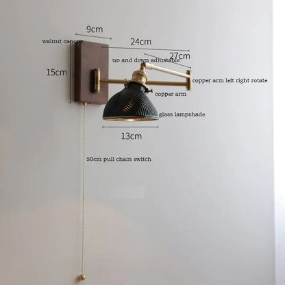 Industrial-style decorbites led pull chain wall lamp with dark walnut canopy copper arms and ribbed black glass shade