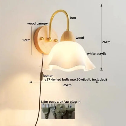 DecorBites led pull chain wall lights with wooden canopy, curved iron arm, and white acrylic shade for bedroom decor