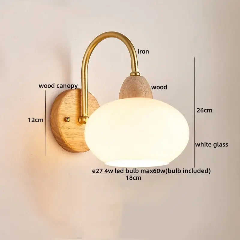 Decorbites led pull chain wall lights with brass arm natural wood canopy and oval white glass shade for bedroom decor