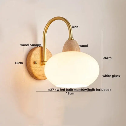Decorbites led pull chain wall lights with brass arm natural wood canopy and oval white glass shade for bedroom decor
