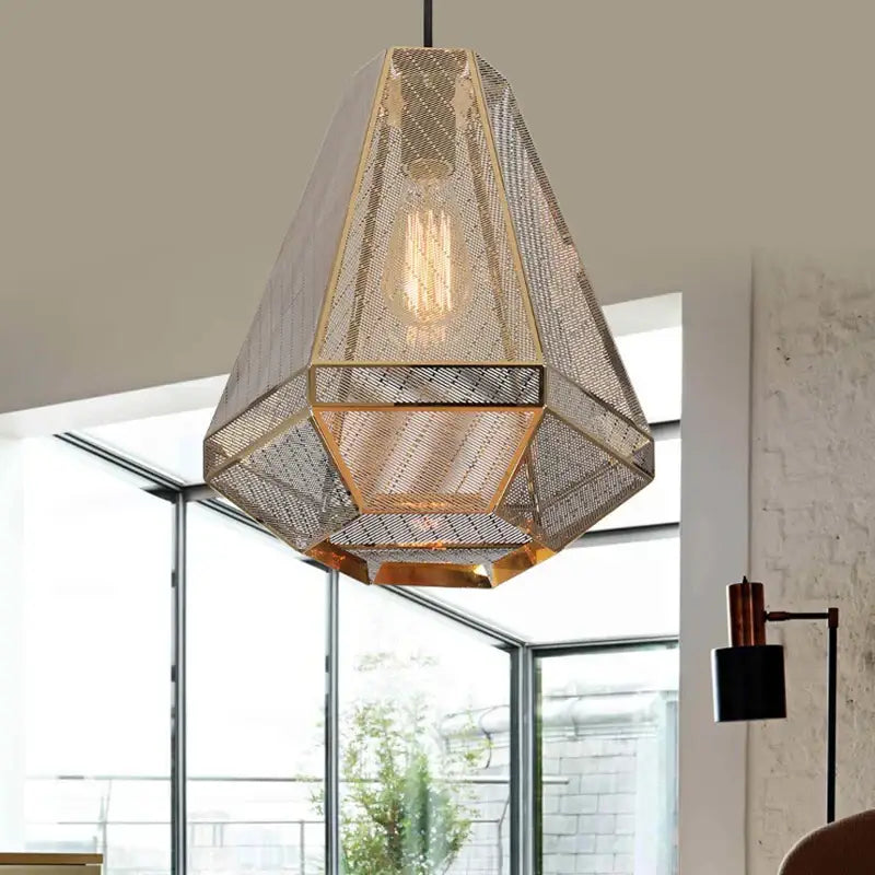 Geometric decorbites led pyramid pendant lamp with gold metal mesh cage and exposed filament bulb for modern spaces
