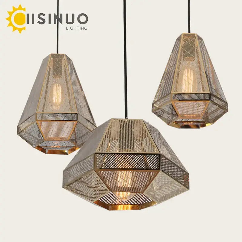 DecorBites led pyramid pendant lamp with metallic mesh and gold-toned accents for modern bedroom and restaurant decor