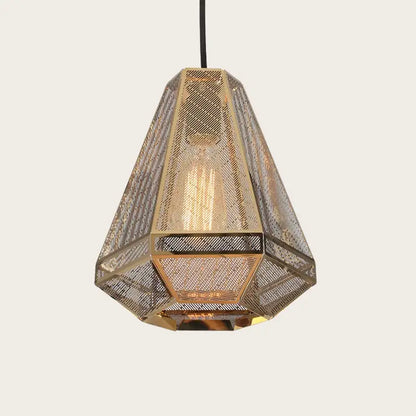 Gold-toned decorbites led pyramid pendant lamp with mesh metal cage design for bedroom and restaurant lighting