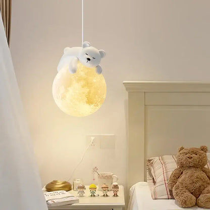 Decorbites led rabbit chandelier pendant light with a soft yellow moon shape and plush white bear for home decor
