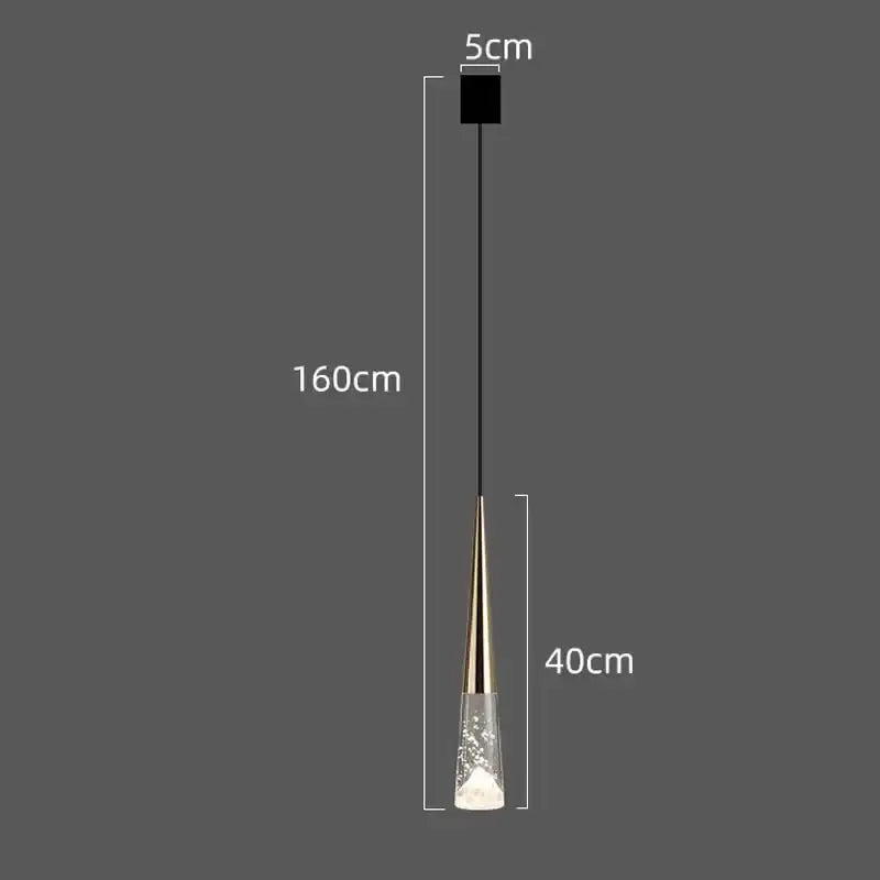 Modern minimalist decorbites led rain drop chandelier with black cord, gold conical stem, and clear glass crystal base