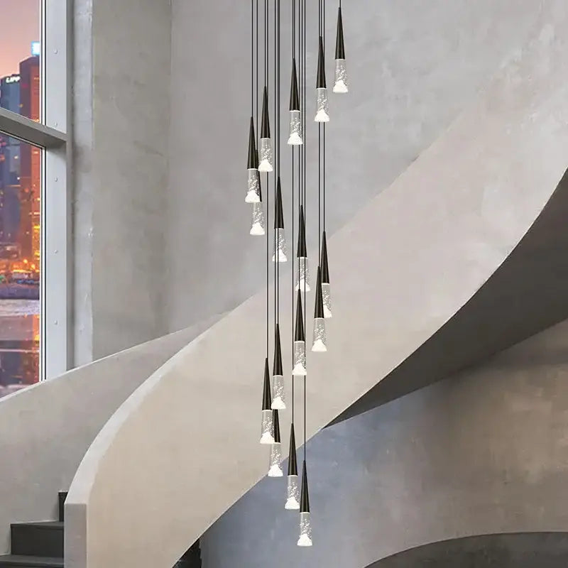 Modern black and clear glass decorbites led rain drop chandelier with minimalist design for staircase lighting