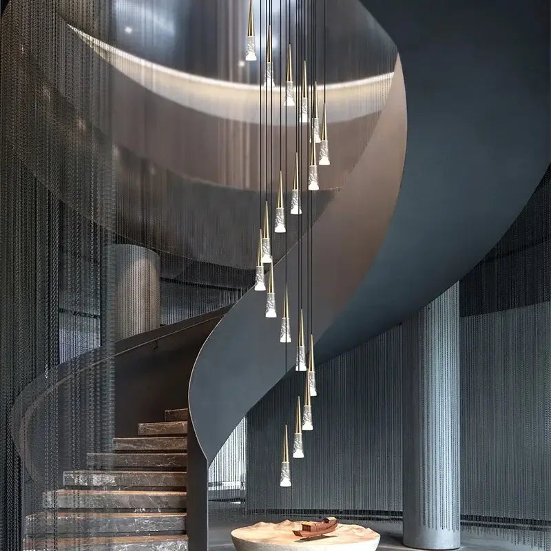 Decorbites led rain drop pendant light with gold-toned rods and clear glass pendants for modern staircase lighting