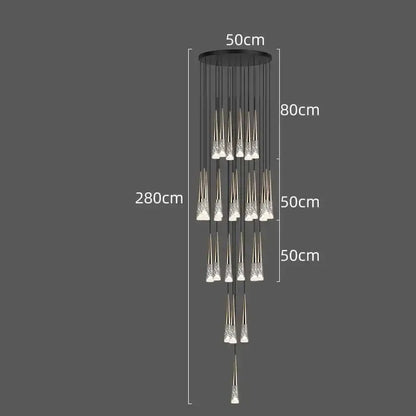 Modern black circular DecorBites LED Rain drop pendant light with metallic rods and crystal-like pendants for staircases