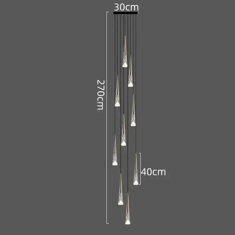 Modern minimalist DecorBites LED Rain drop pendant light with slender glass shades and black ceiling mount for staircase