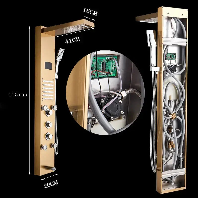 Gold-finished 115cm tall decorbites led rain shower column tower with multiple spray heads and digital screen panel