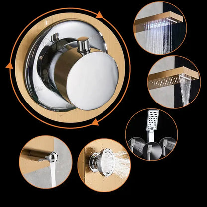 Chrome-finished DecorBites™ LED rain shower column tower with digital screen multiple spray options and massage jets