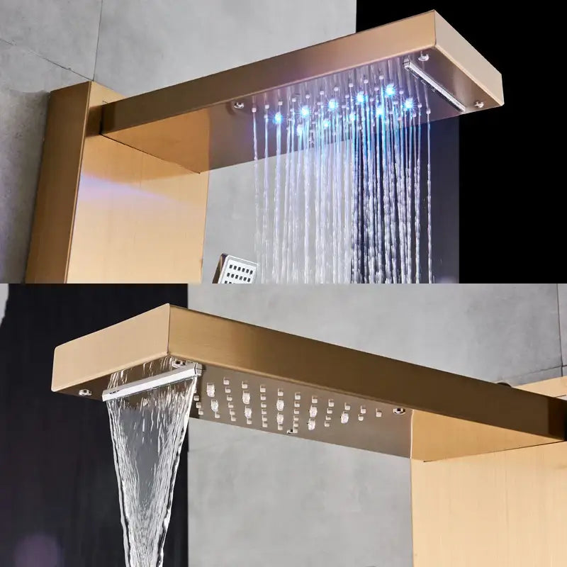 Gold-toned decorbites led rain shower column tower with rectangular rain shower head and integrated led lighting
