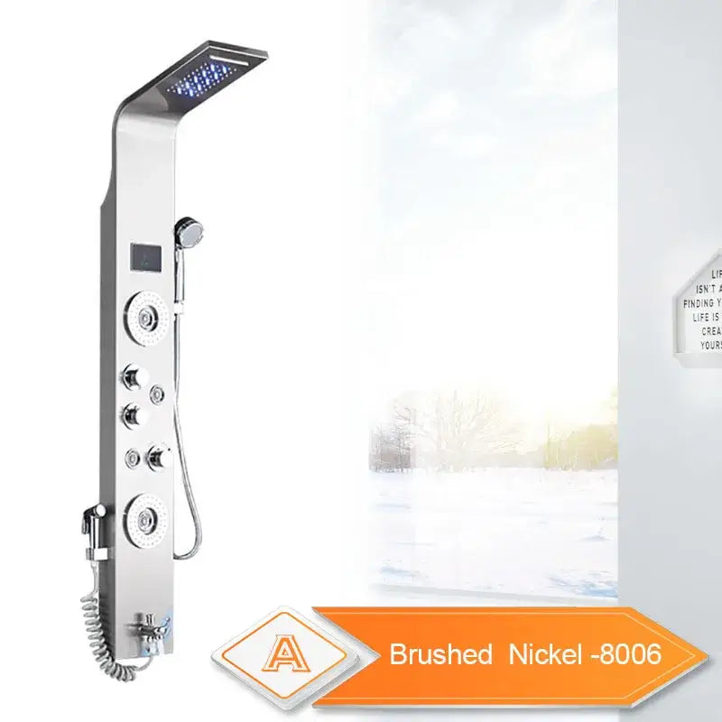 Brushed nickel decorbites led rain shower system with rectangular rainhead, multiple controls, and handheld shower