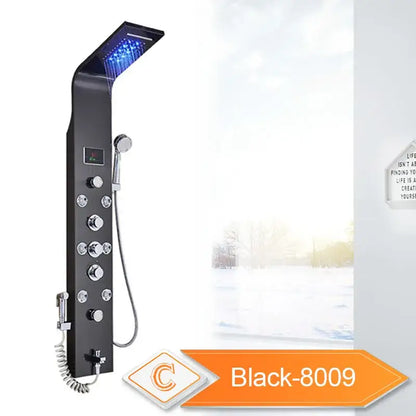 Black-8009 decorbites led rain shower system with chrome control knobs and blue led light rectangular rainhead