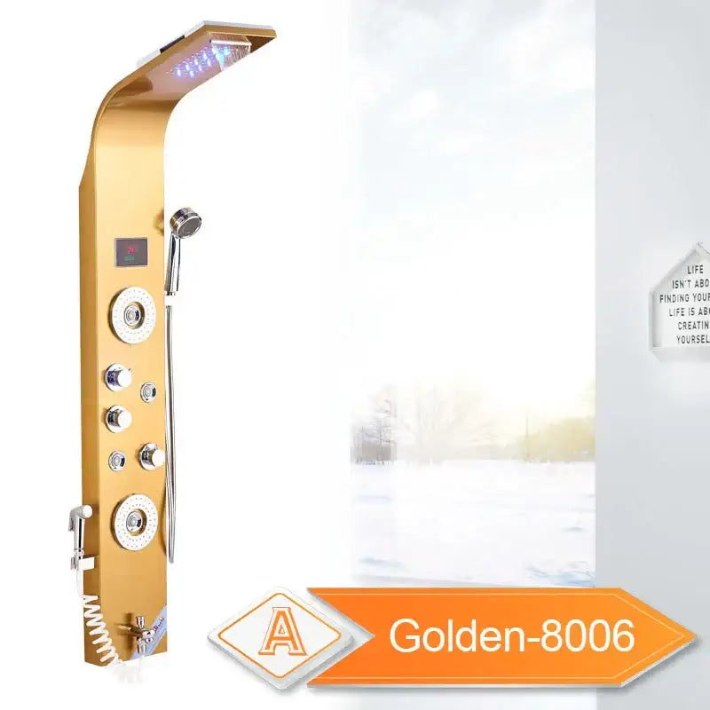 Gold-colored DecorBites LED rain shower system with multiple control knobs, swivel massage jet, bidet sprayer, and LED lighting