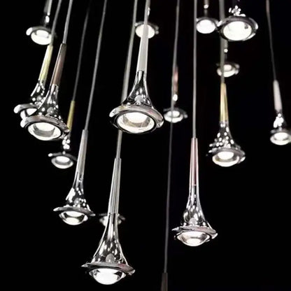 Modern chrome-finished trumpet-shaped pendant lights with reflective surfaces in decorbites led rain staircase chandelier